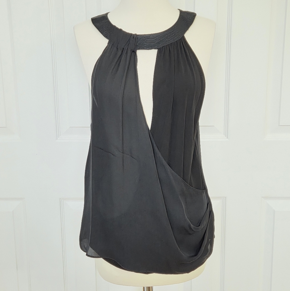 RAMY BROOK BLACK SILK SLEEVELESS WRAP TOP TWIST NECKLINE FAUX ANIMAL COLLAR S